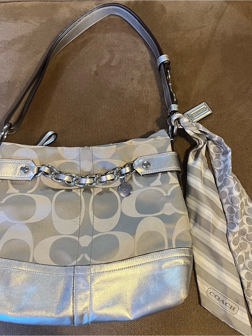 Coach Silver & Light Gray Signature Shoulder Bag with Scarf